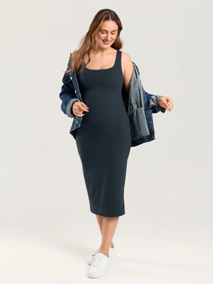 Robe midi de maternité moulante Natrelax® - Fente au dos bleu marine Mlle et Coco