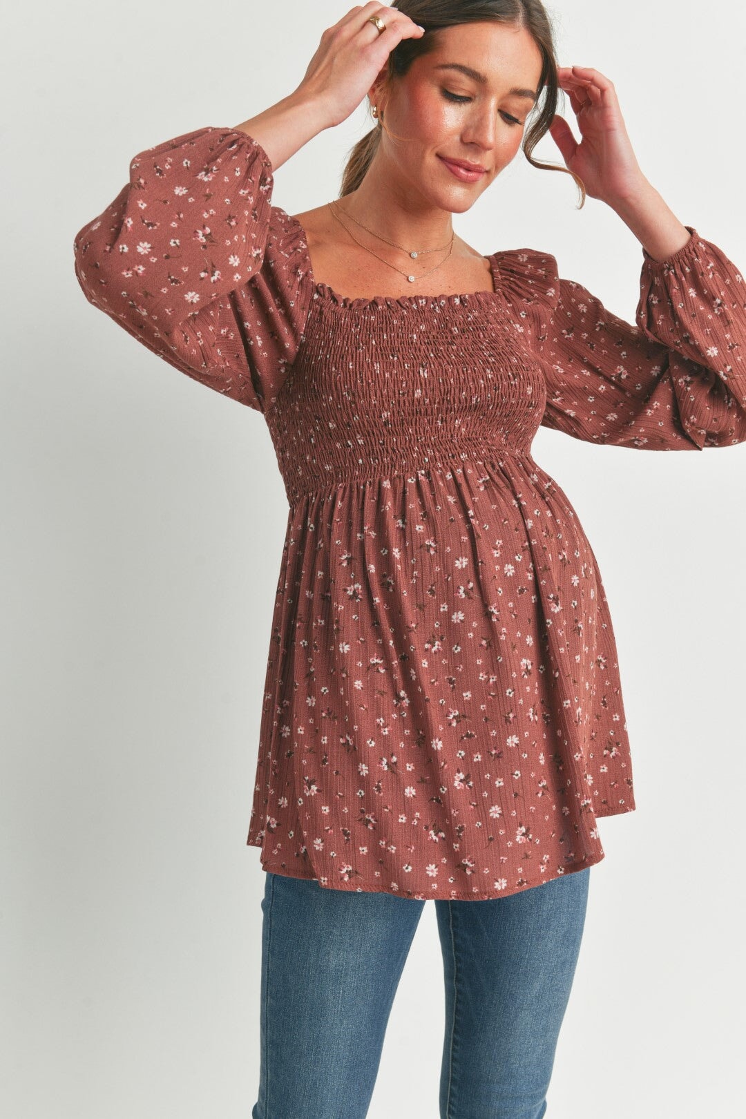 blouse manches longues smocké floral marron maternité hello miz