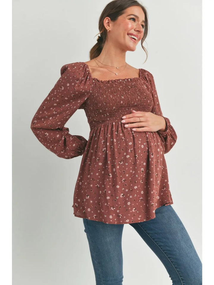 blouse manches longues smocké floral marron maternité hello miz