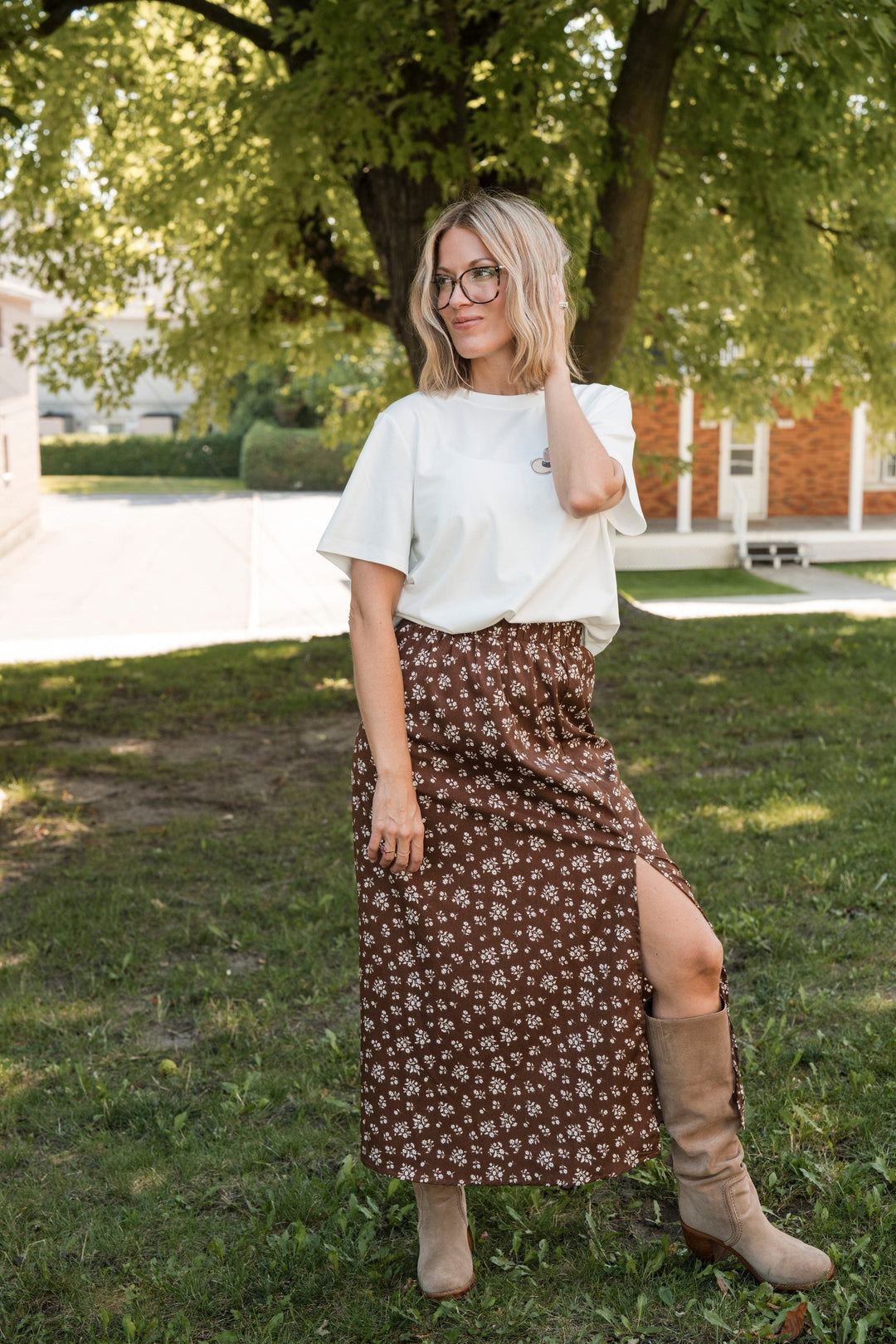 Jupe midi fleuri Combo brun et blanc Rose Maternité 