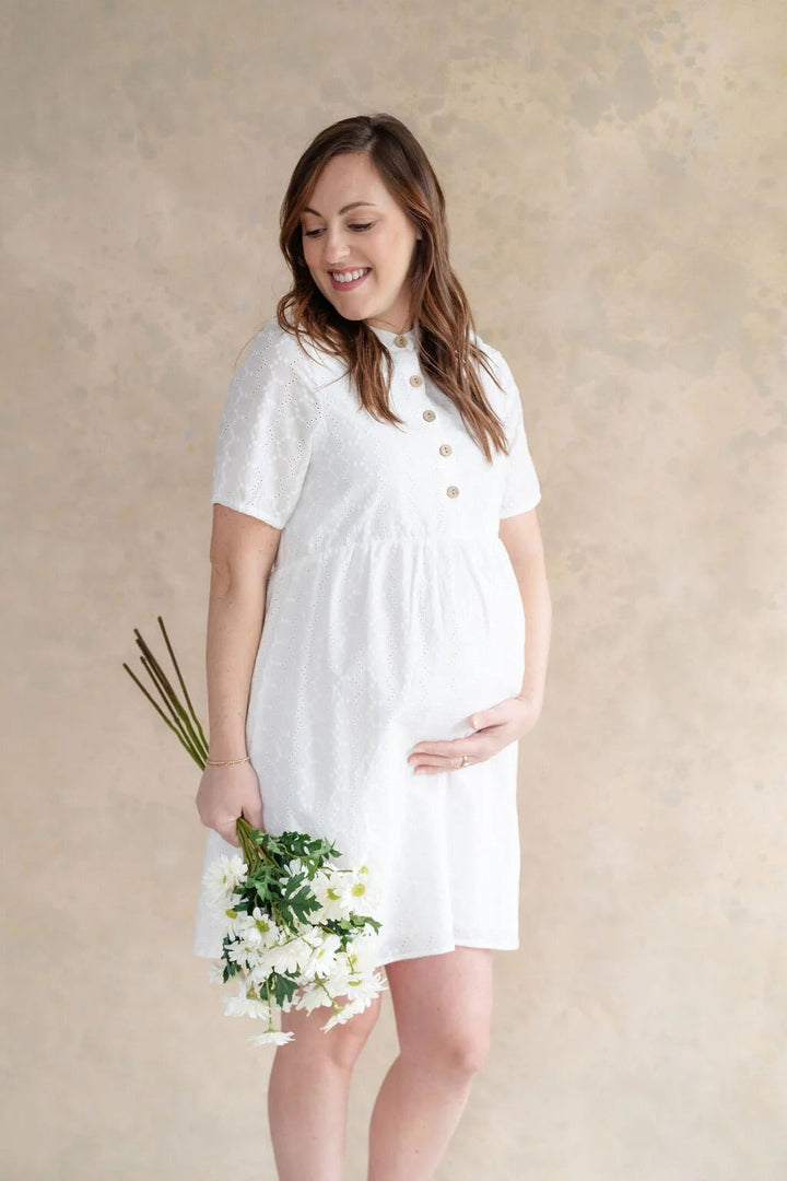 Robe rose maternité allaitement broderie blanche compagnie québécoise Bianca