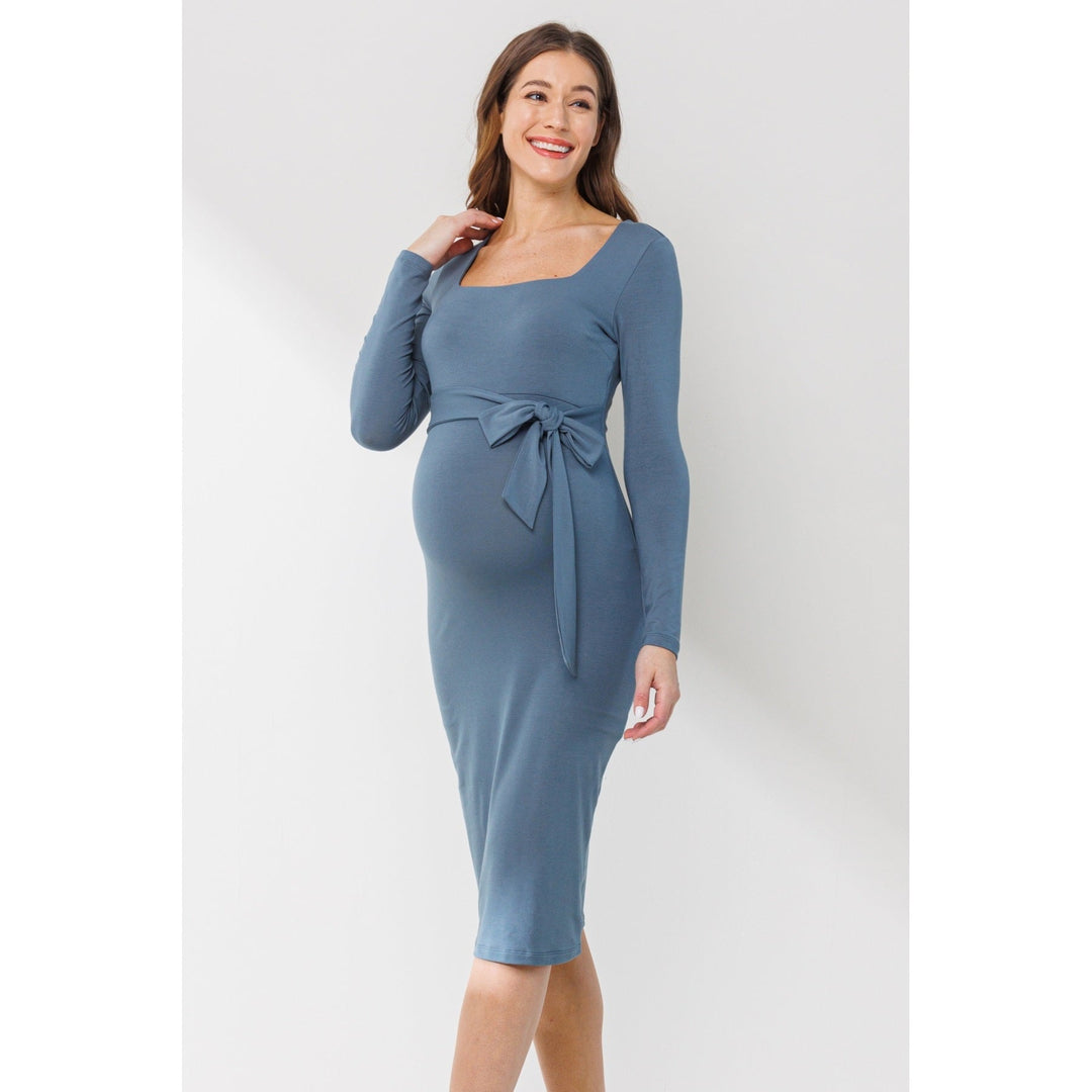 robe maternité manches longues ceinture bleu sarcelle Hello Miz