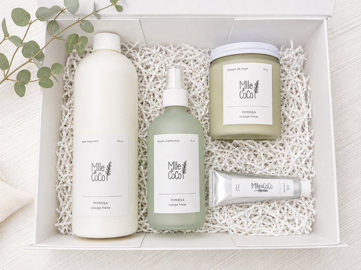 Coffret cadeau Mimosa Mlle et Coco bain moussant chandelle bruine 