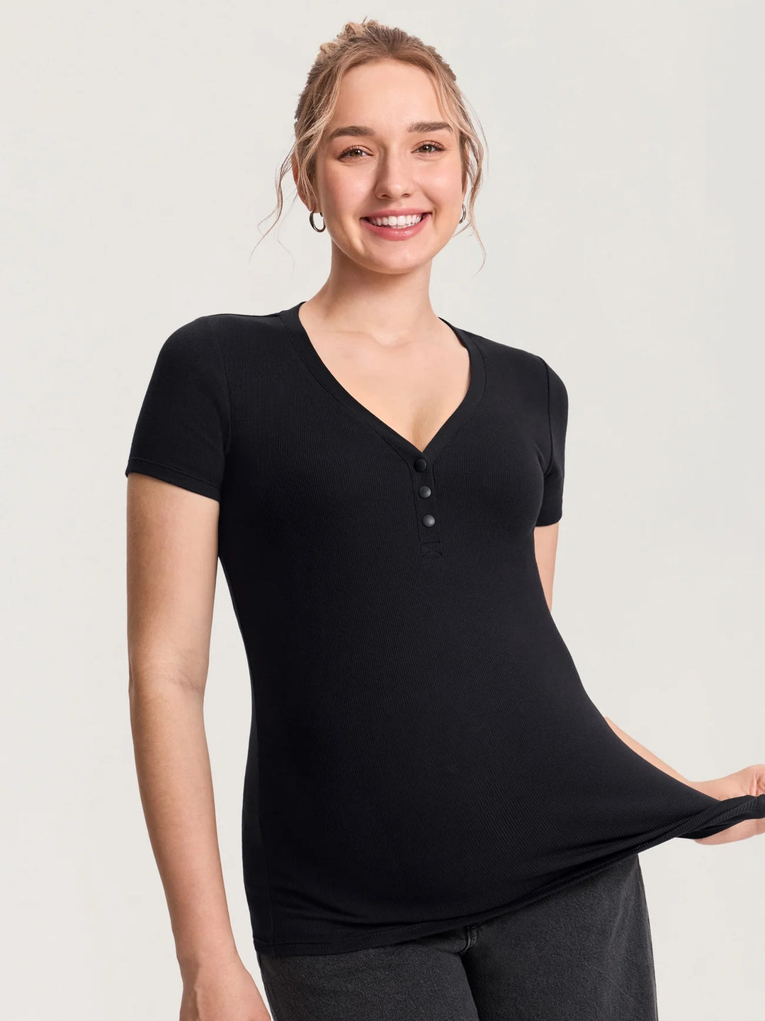 T-shirt maternité et allaitement Henley Noir Momanda