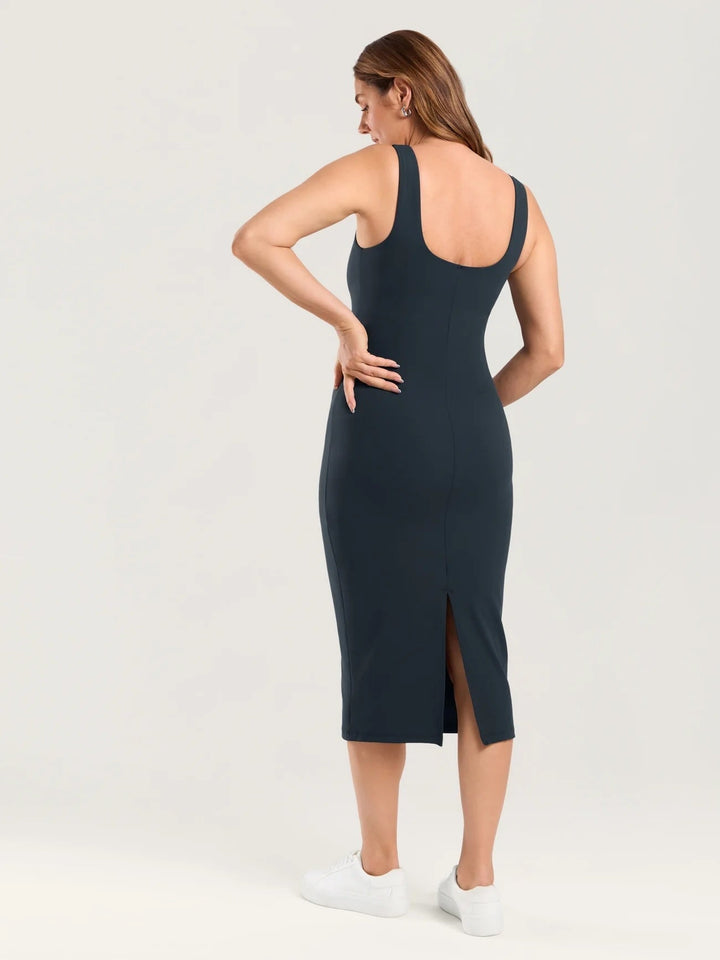 Robe midi de maternité moulante Natrelax® - Fente au dos bleu marine Mlle et Coco