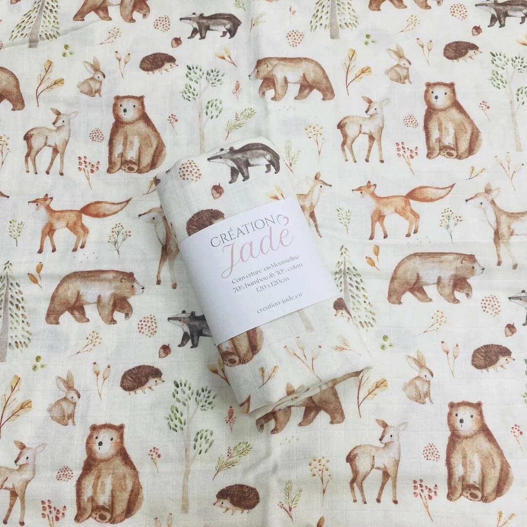 couverture mousseline ours animaux forêt création Jade Mlle et Coco