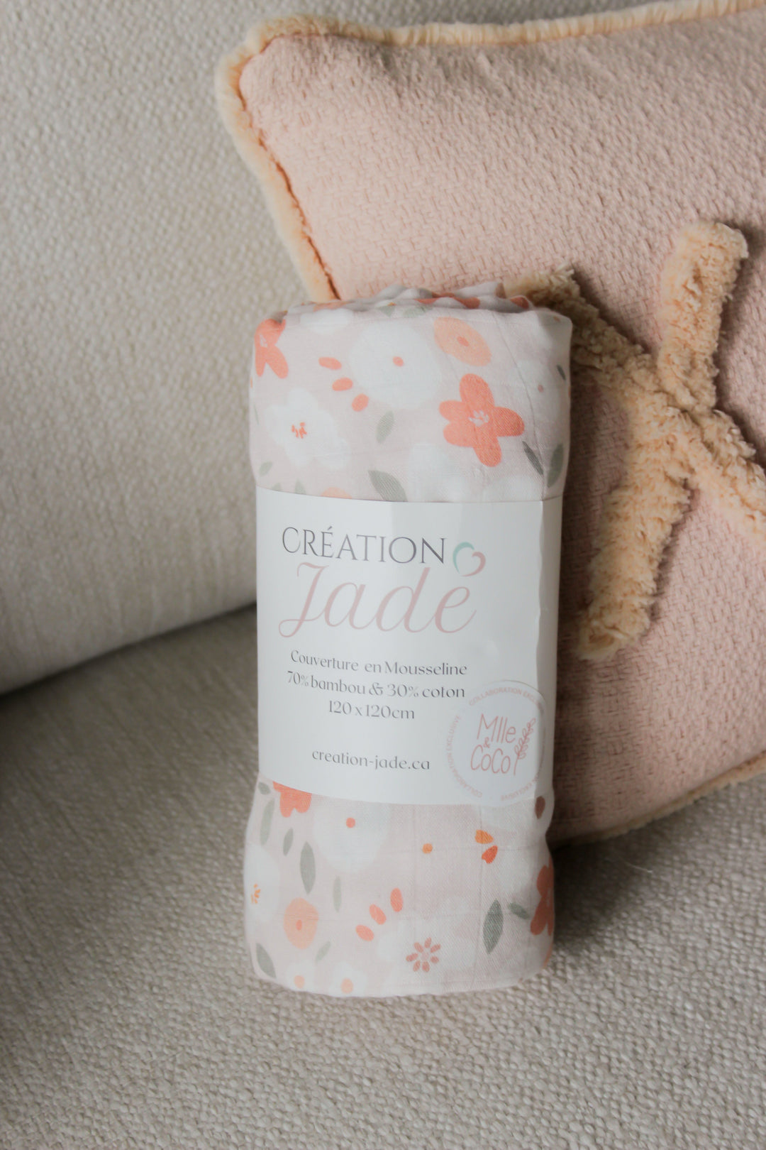 couverture mousseline délicatesse floral blush Création Jade Mlle et Coco
