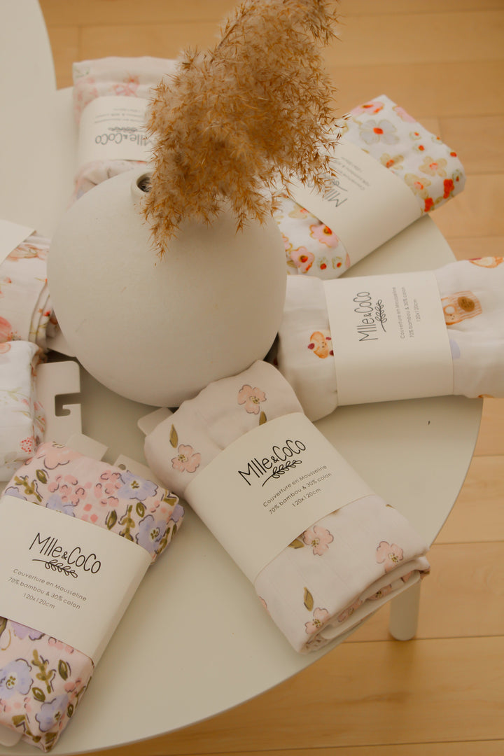 Couverture en mousseline - Blanc fleur rose - Mlle et Coco Literie Mlle et Coco 