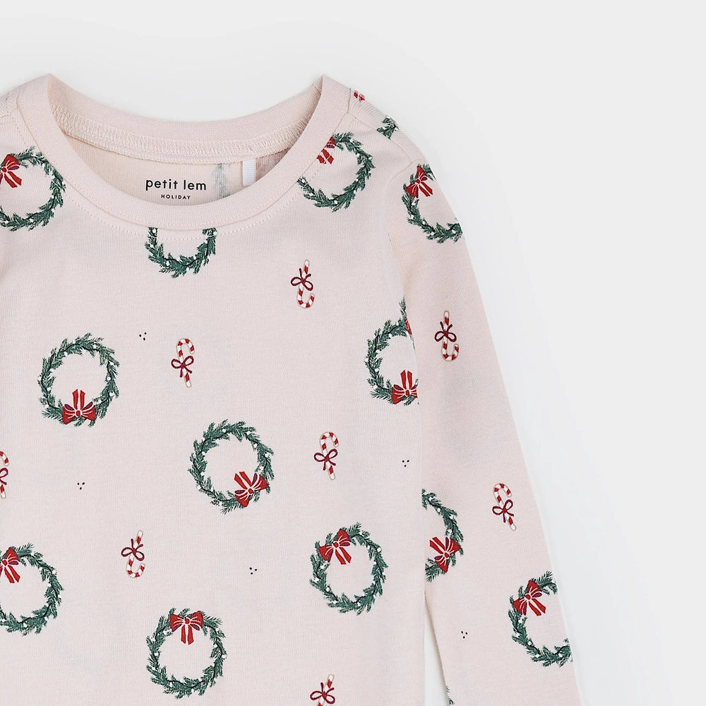 Pyjama deux-pièces Rose léger et couronnes Noël Petit Lem