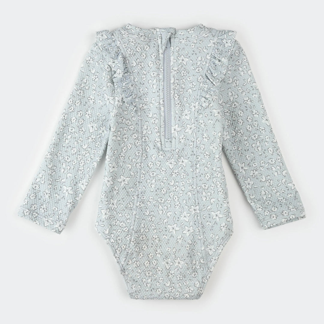Maillot manches longues une pièce bleu poudre motif fleurs Petit Lem Mlle et Coco
