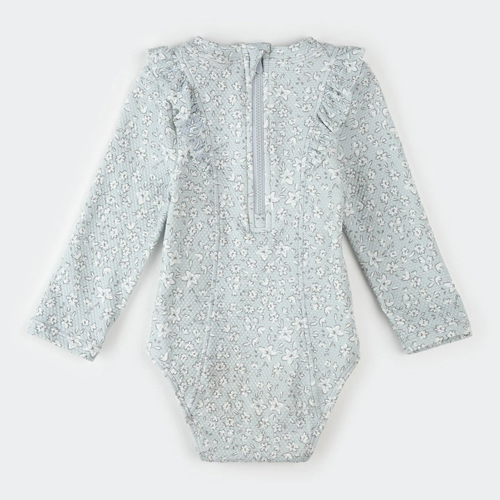 Maillot manches longues une pièce bleu poudre motif fleurs Petit Lem Mlle et Coco
