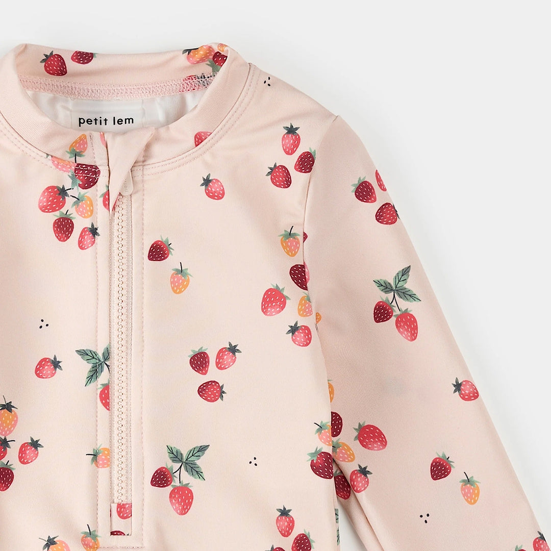 Maillot manches longues une pièce rose imprimé fraises Petit Lem Mlle et Coco