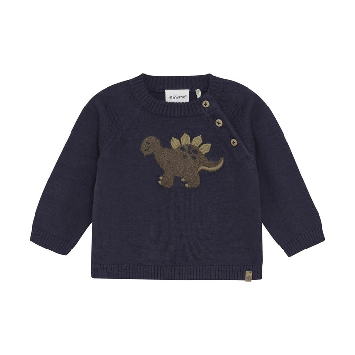 Pull manches longues en tricot dinosaure fond bleu marin Minymo Mlle et Coco