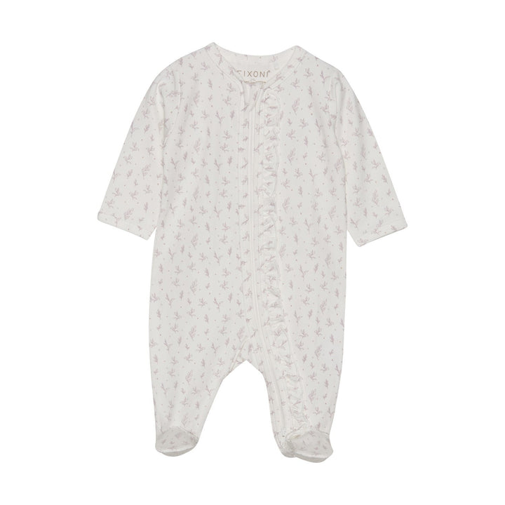 pyjama une pièce blanc feuillage mauve fermoir Fixoni vêtement enfant