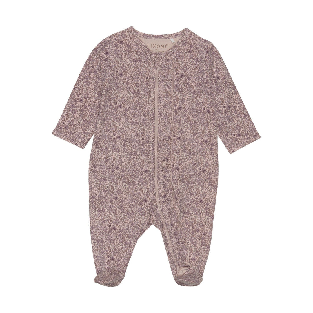 pyjama manches longues fond rose motif fleurs mauves Fixoni