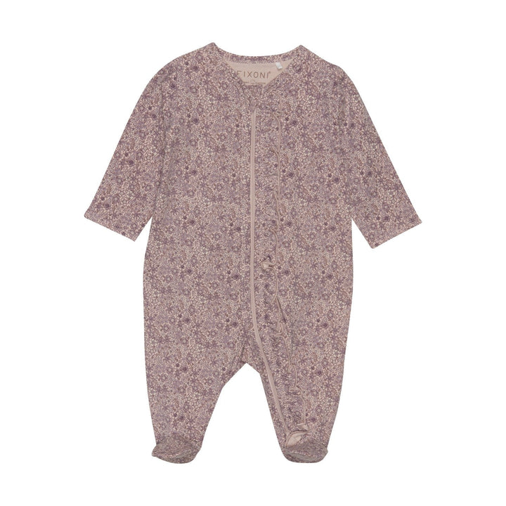 pyjama manches longues fond rose motif fleurs mauves Fixoni