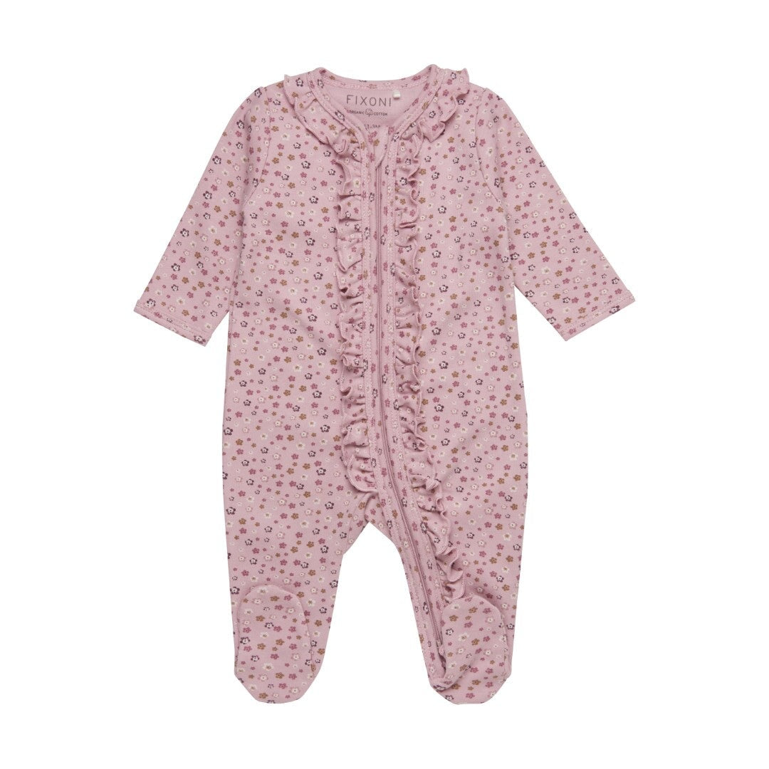 pyjama une-pièce rose petites fleurs fermoir frisons fixoni  bébé