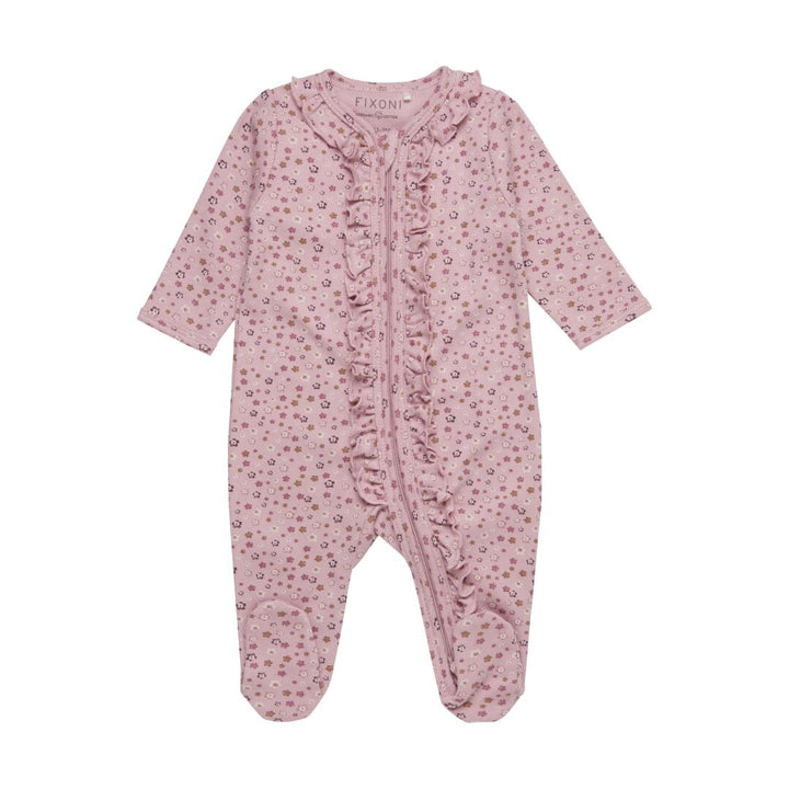 pyjama une-pièce rose petites fleurs fermoir frisons fixoni  bébé