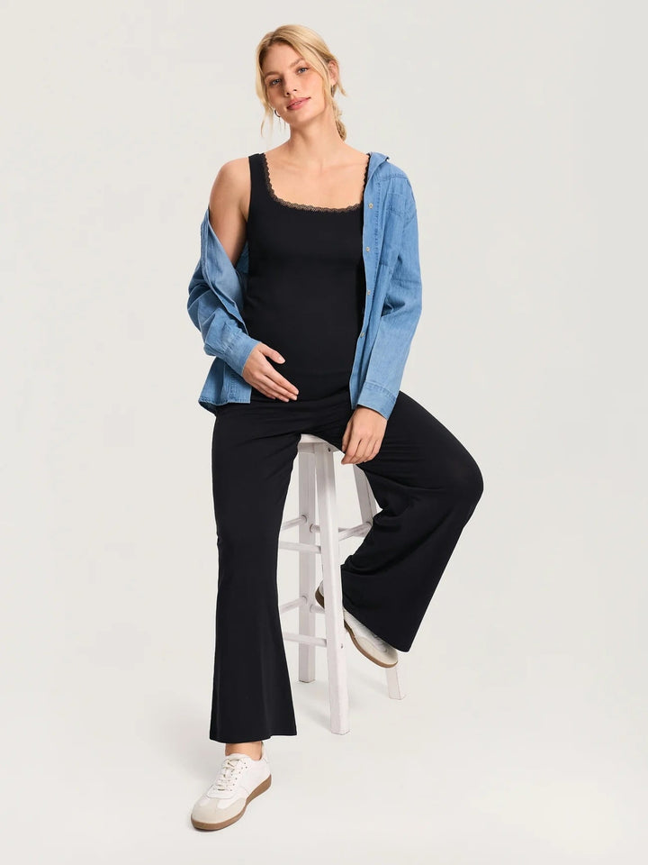 Pantalon de maternité large à revers en coton modal noir Momanda Mlle et Coco