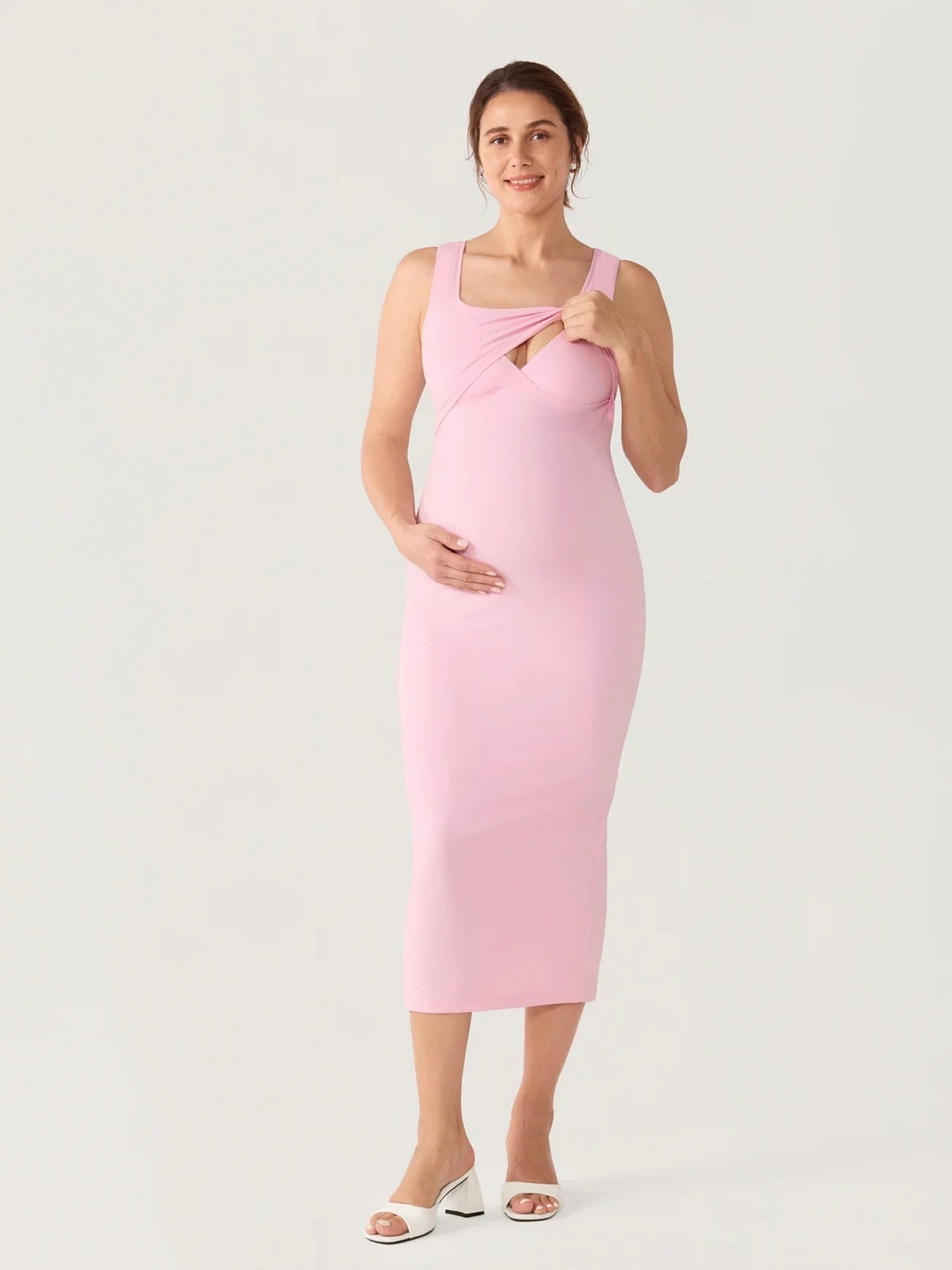 Robe longue de maternité et allaitement croisée cachée Babycon rose doux Momanda Mlle et Coco