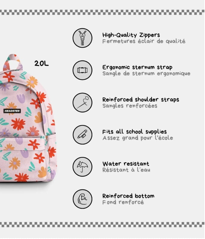 Sac à dos rose poudre motif fleurs Headster Mlle et Coco