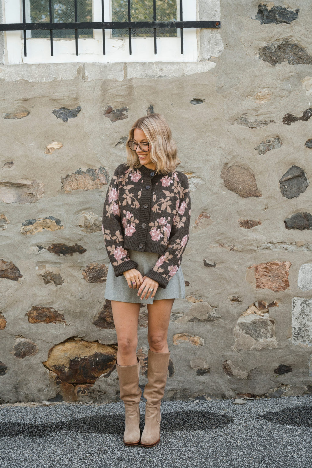 Cardigan katherine Brun floral rose et beige Rose Maternité