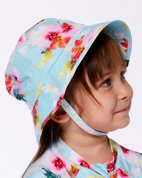 chapeau plage turquoise fleurs roses deux par deux accessoire