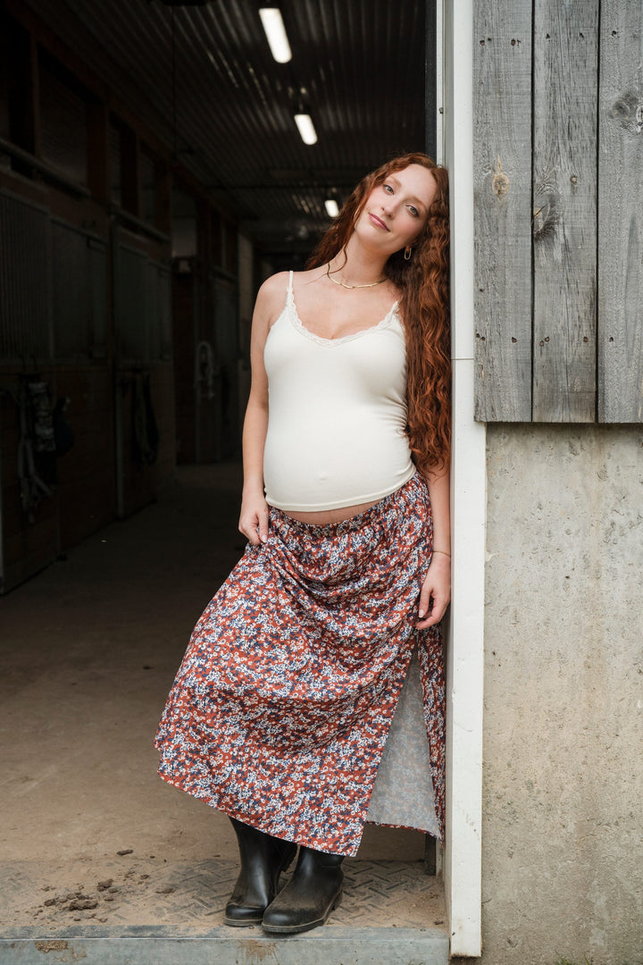 Jupe midi fleuri Combo rouille et bleu Rose Maternité