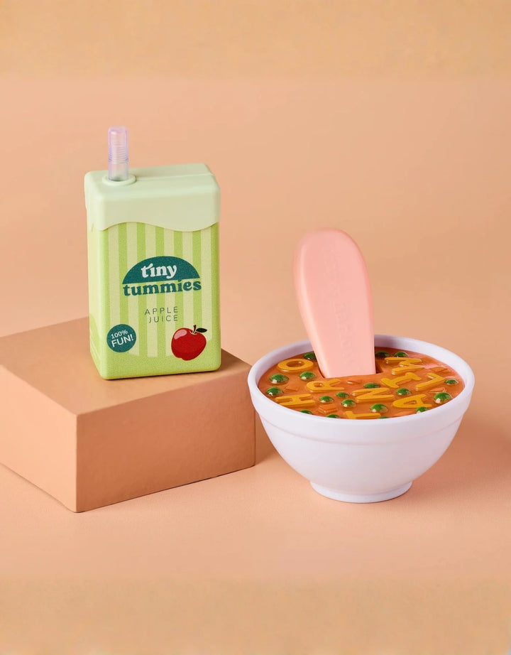 Accessoire pour poupée Soupe alphabet  boîte de jus Tiny Harlow