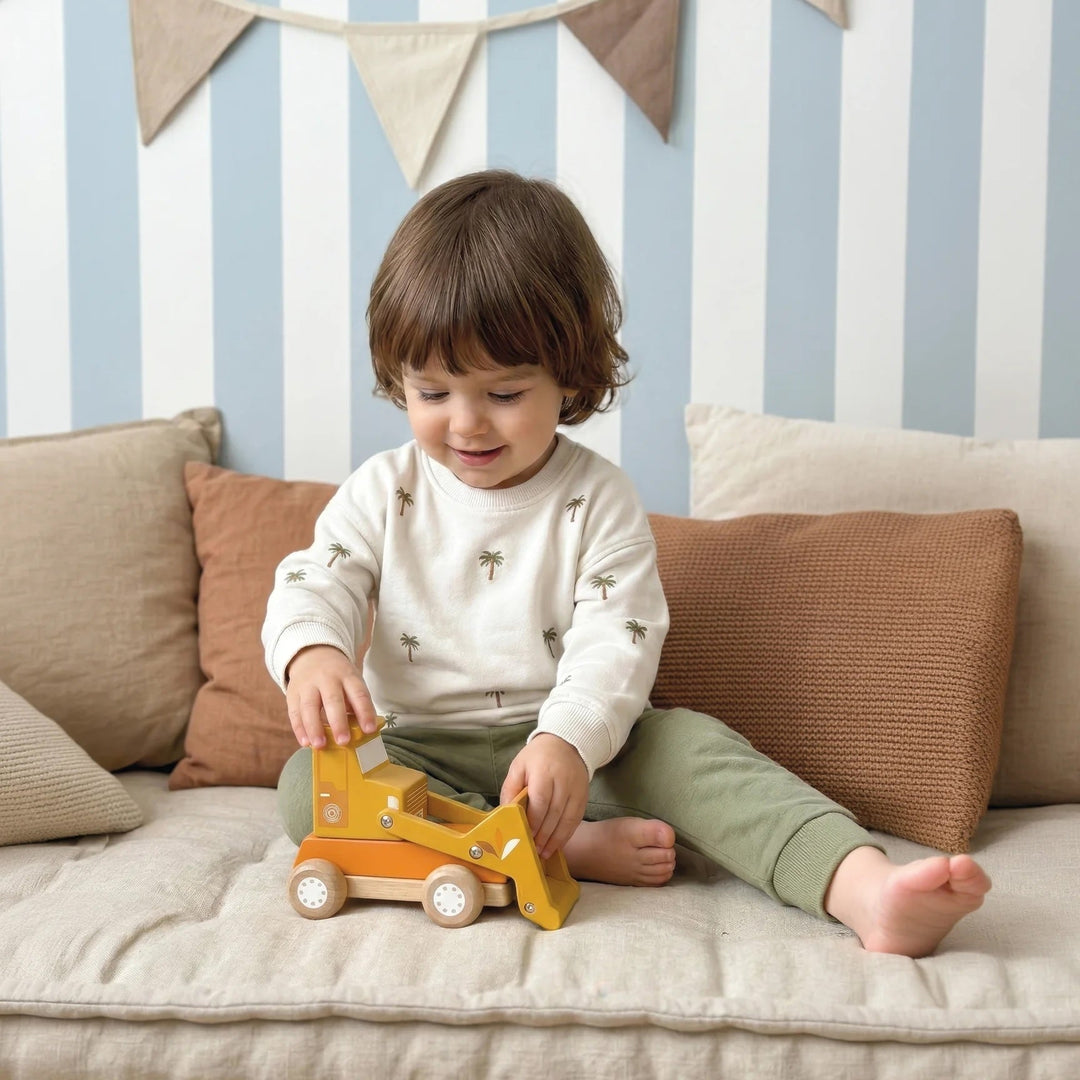 Jeu camion en bois bulldozer jaune Speedy Monkey Mlle et Coco