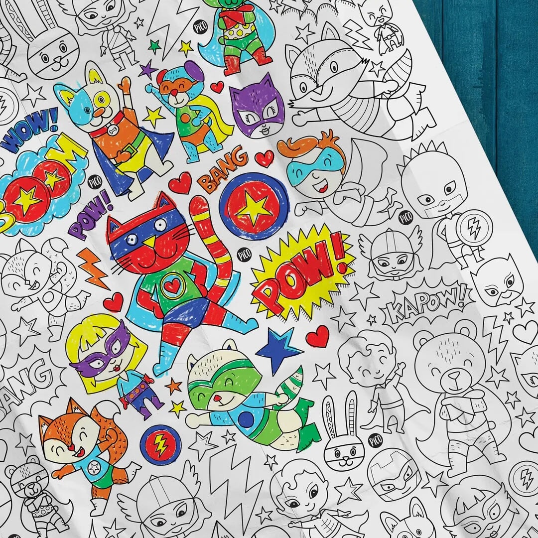 Coloriage géant super-héros Pico tatouage Mlle et Coco