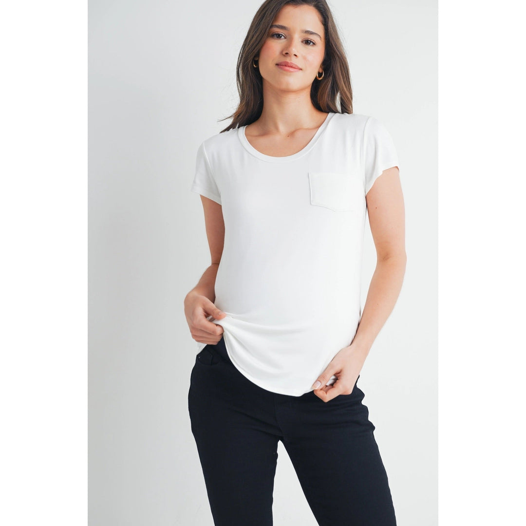 T-shirt de maternité et allaitement à manches courtes, col rond et poche avant. 
