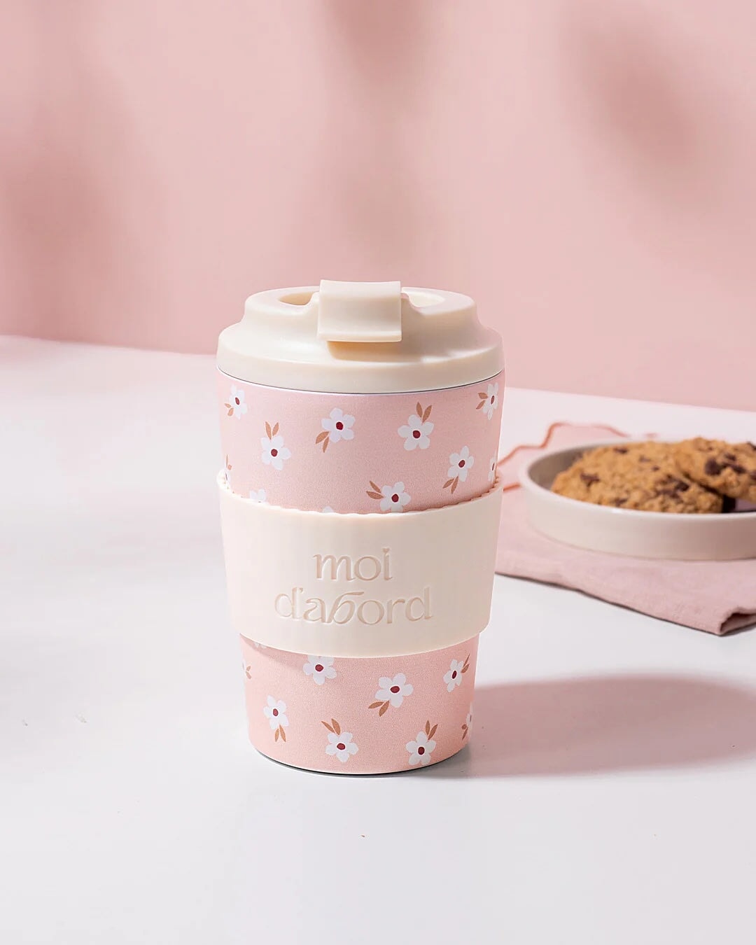 Tasse de voyage isotherme champ rosé Moi d'abord Mlle et Coco