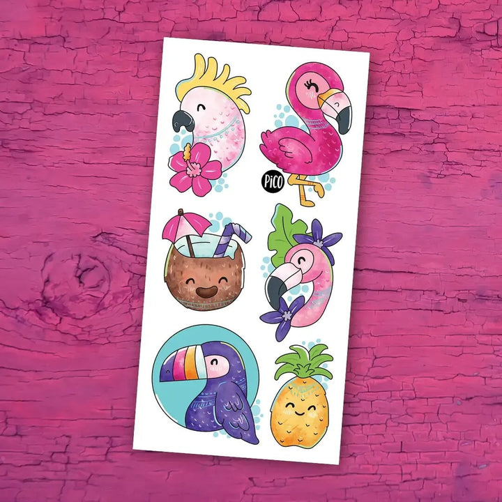 Tatouage temporaire Les flamants roses et perroquets Pico Mlle et Coco