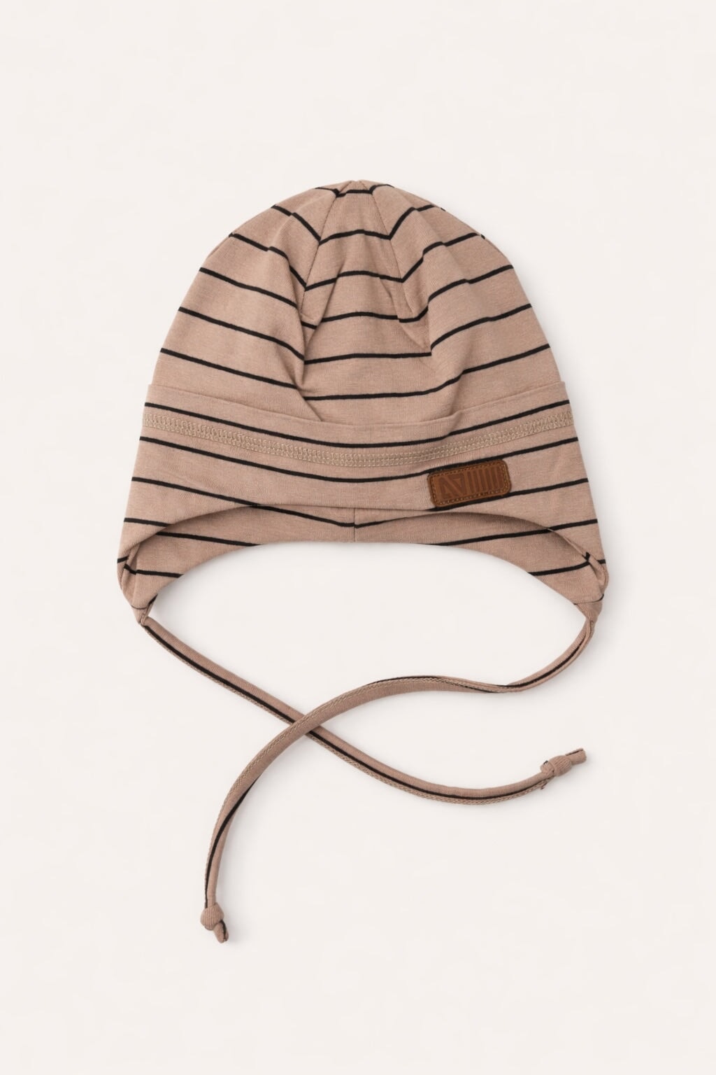 tuque Nano mi-saison beige rayé noir cordon oreille 