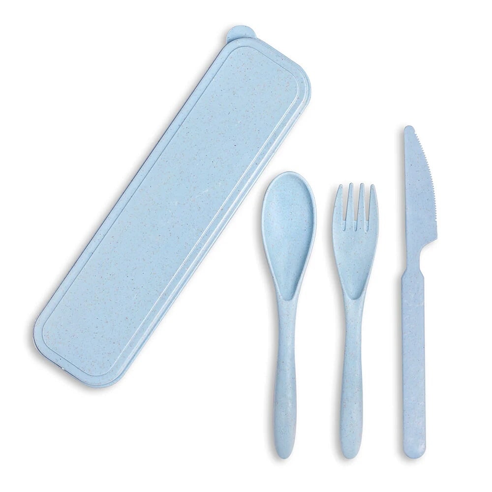 ensemble ustensiles paille  blé execo bleu boitié cuillère fourchette couteau