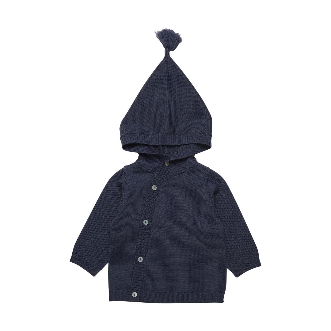 veste tricot capuchon fermoir bouton pompon marine Fixoni