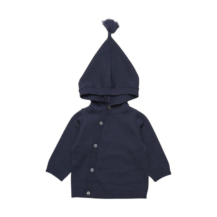 veste tricot capuchon fermoir bouton pompon marine Fixoni