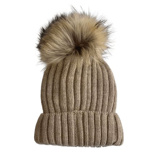 Barbaras tuque hiver taupe pompon fourrure enfant