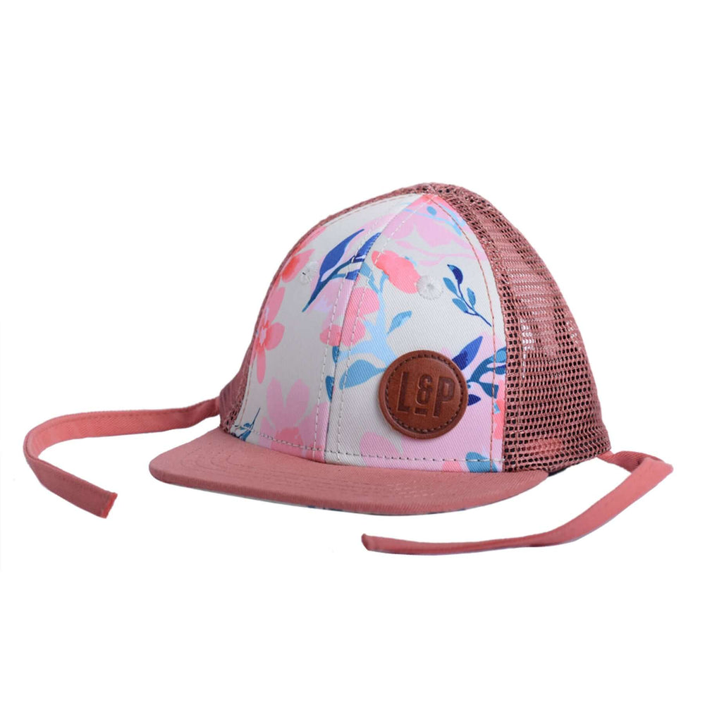 L&P casquette bébé et enfant fleurs avec palette et filet mèche vieux rose compagnie québécoise