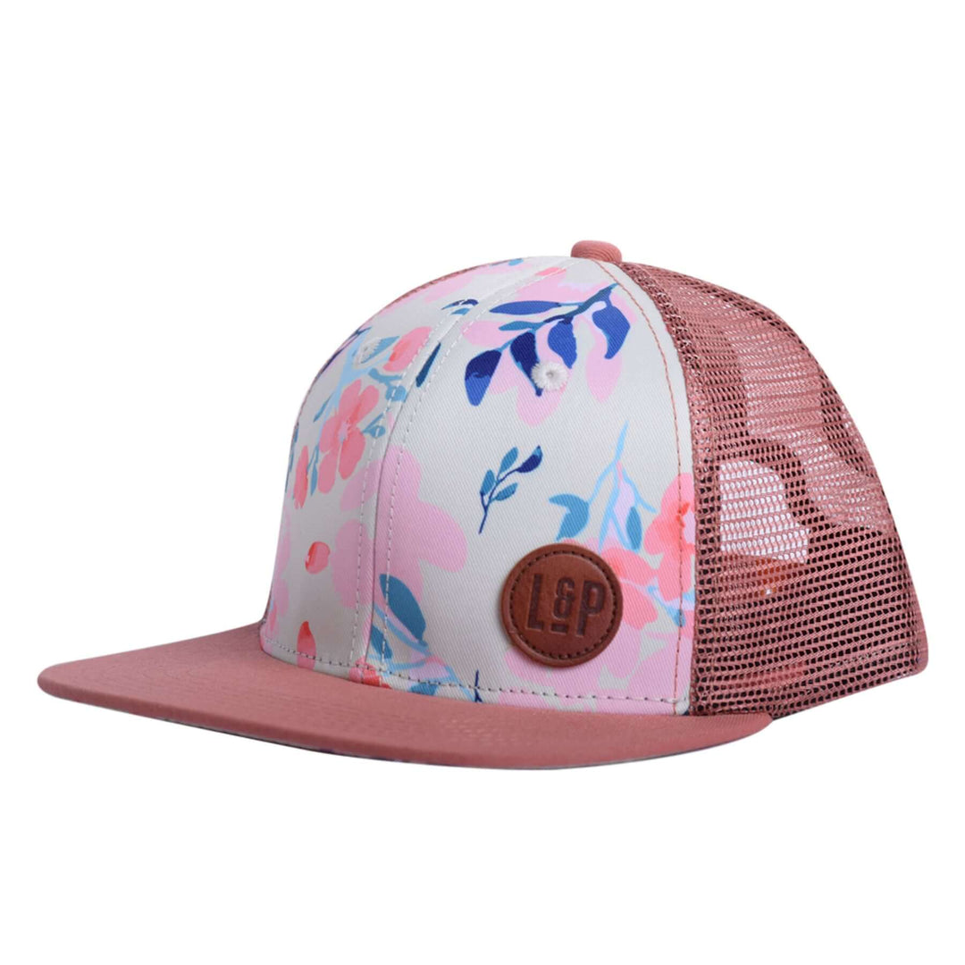 L&P casquette bébé et enfant fleurs avec palette et filet mèche vieux rose compagnie québécoise