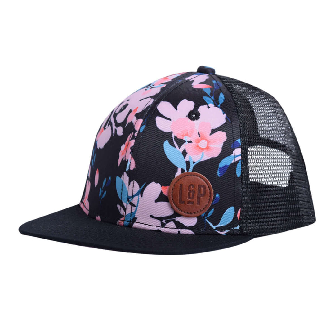 L&P casquette enfant fond noir et fleurs roses compagnie québécoise