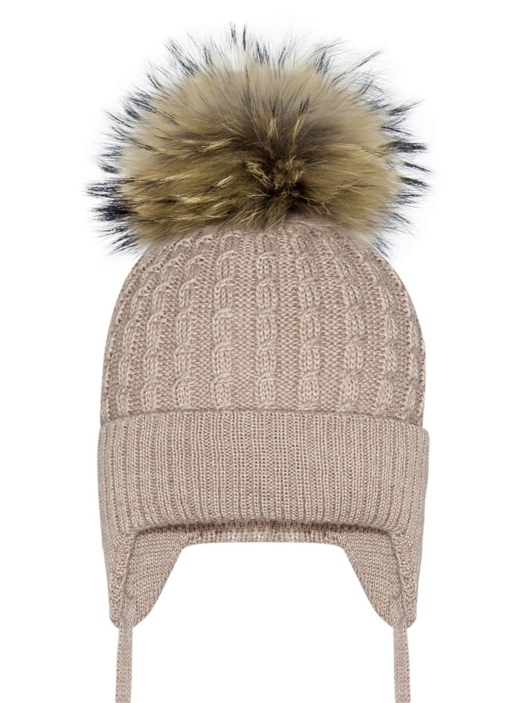tuque taupe laine barbaras grosse maille pompon fourrure recycle